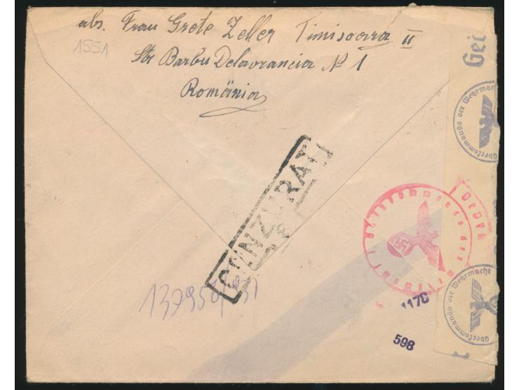 7 x Rumänien 7 Lei auf Einschreibbrief mit Stempel Timisoara 24.3.43 an einen Volksdeutschen aus Rumänien mit Feldpostnummer 