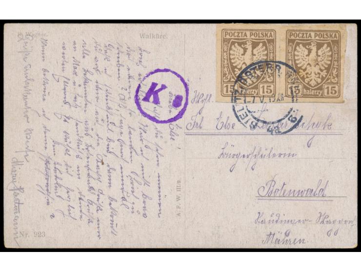 P.K.L. 15 H.  im Paar auf Ansichtskarte mit Stempel  Bielitz, Österr. Schlesien  7.5.19 nach Rotenwald /Tschechoslowakei, Zen