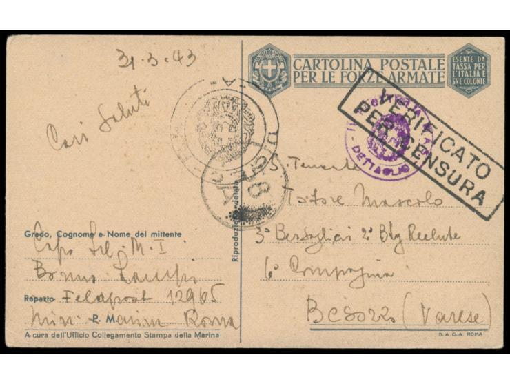 italienische Feldpost-Bildkarte "I Mezzi d´Assalto" (bemannter Torpedo) vom 31.3.43 mit Briefstempel "IV. Flottiglia MAS / De