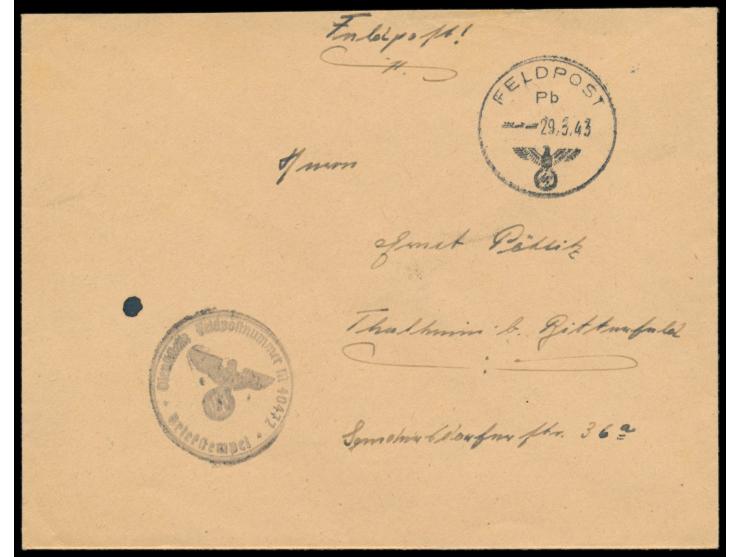 Brief mit FPSt PB 29.5.43 nach Thalheim, handschriftlicher Absender und Briefstempel  ... FPNr. M 40472 =  U-Boot 371 , gehör