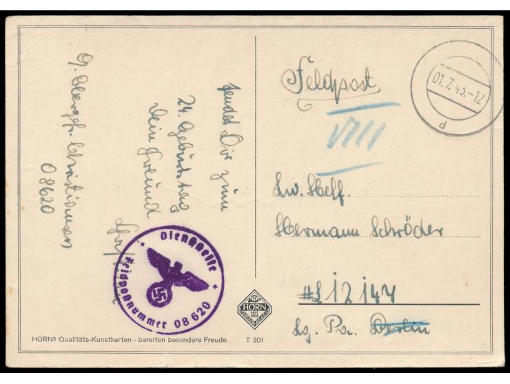 Feldpostkarte mit Tarnstempel d 1.7.43, handschriftlicher Absender und Briefstempel ... FPNr. 08620 = Regimentsstab Kosaken-R