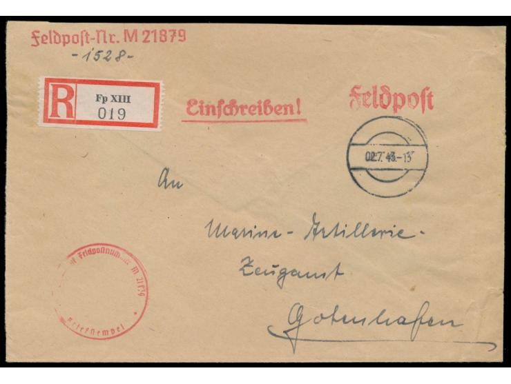 Dienst-R-Brief mit Tarnstempel 2.7.43,  Feldpost-R-Zettel der Marine "Fp XIII" , Postamt Gotenhafen, Absender FPNr. M 21879 =