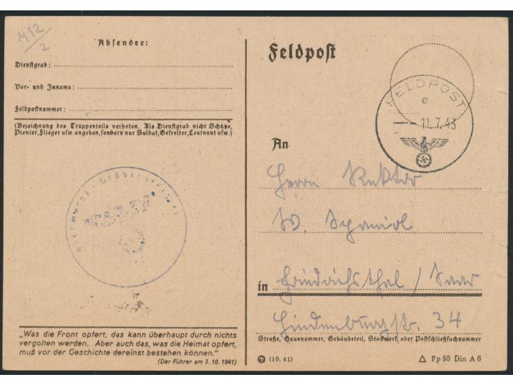 Feldpost - Vordruckkarte mit rückseitig gedruckter Mitteilung ("wider Willen") und Absender  Wehrmachtgräberoffizier 72, Feld