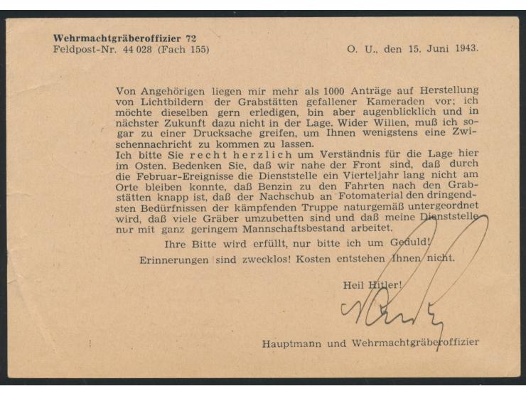 Feldpost - Vordruckkarte mit rückseitig gedruckter Mitteilung ("wider Willen") und Absender  Wehrmachtgräberoffizier 72, Feld