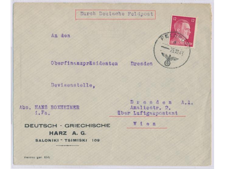 12 Pf. Hitler mit Feldpoststempel 25.10.43 auf  Firmenbrief aus Saloniki  über die deutsche Feldpost nach Deutschland, Bedarf