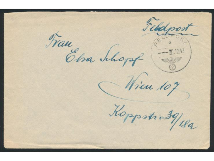 Brief mit FPSt 1.12.43 nach Wien, handschriftlicher Absender ... FPNr. 59833 = 2. Kranken-Kraftwagen-Kompanie 100 (100. Jäger