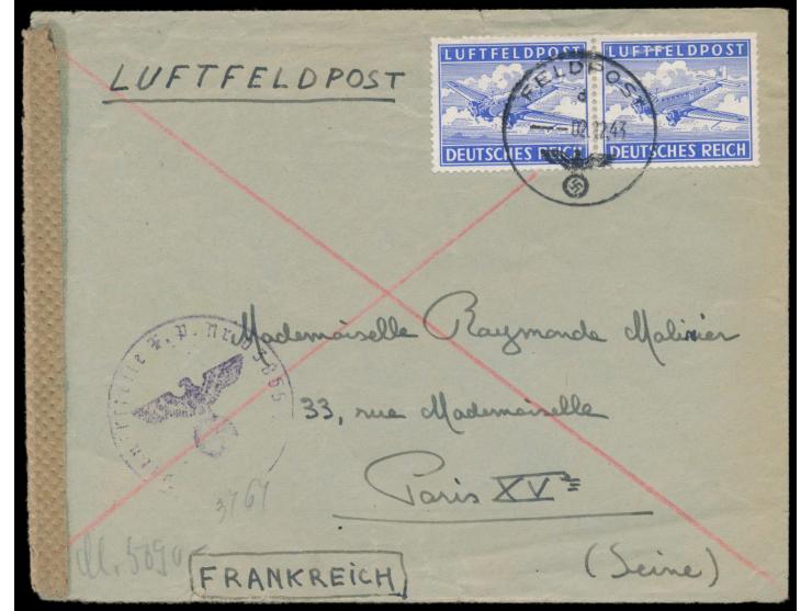 Luft-Feldpostbrief mit zwei Zulassungsmarken nach Paris, FPSt d 2.12.43, Absender ist französischer Freiwilliger, rückseitig 