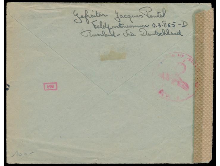 Luft-Feldpostbrief mit zwei Zulassungsmarken nach Paris, FPSt d 2.12.43, Absender ist französischer Freiwilliger, rückseitig 