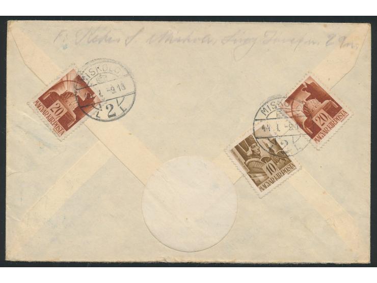 Ungarn  10 f und 2 x 20 f rückseitig auf Brief mit Stempel  Miskolc  9.1.44 an einen SS-Sturmmann mit FPNr. 44591 D = Stab II