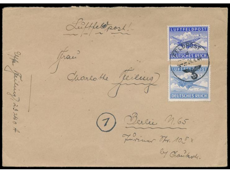 Luftfeldpostbrief mit  gezähnter und durchstochener  Zulassungsmarke, Stempel Feldpost d 24.4.44, nach Berlin, Absender ... F