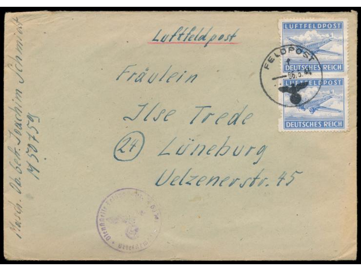 Luft-Feldpostbrief mit zwei durchstochenen Zulassungsmarken, FPSt 6.5.44, vorderseitig handschriftlicher Absender und etwas u
