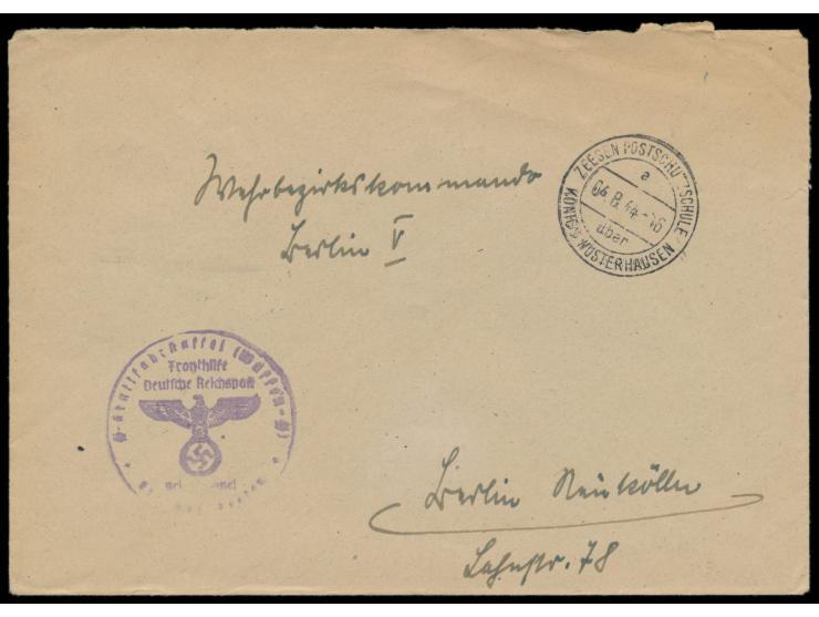 Stempel &nbsp;Zeesen Postschutzschule über Königs Westerhausen &nbsp;4.8.44 auf Brief nach Berlin, vorderseitig Dienstsiegel 