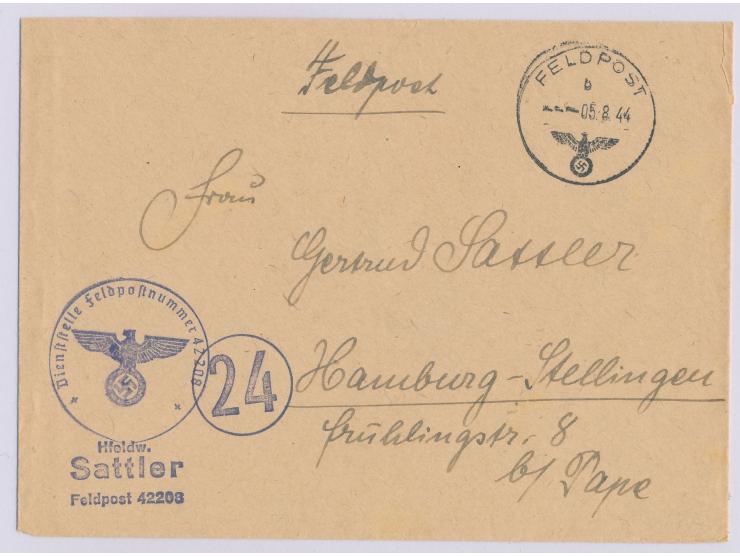 Brief mit FPSt 5.8.44 nach Hamburg, Absenderstempel und Briefstempel ... FPNr. 42208 = Stab (russisches) Ost-Pionier-Brücken-