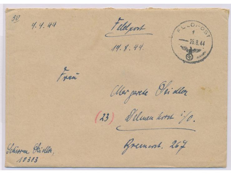 Brief mit vorderseitiger Absender-Angabe ... FPNr. 10303 = &nbsp;Stab Sturm. Brigade Rhodos &nbsp;nach Delmenhorst, Feldposts