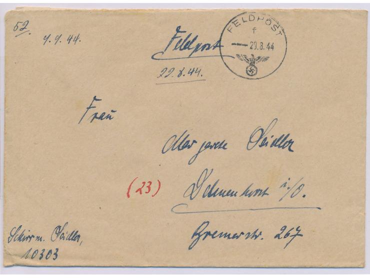 Brief mit vorderseitiger Absender-Angabe ... FPNr. 10303 = &nbsp;Stab Sturm. Brigade Rhodos &nbsp;nach Delmenhorst, Feldposts