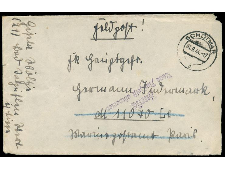 Feldpostbrief mit Stempel Schötmar 1.9.1944 an FPNr. M 11070 = Hafenkommandant St Malo, viol. Z2 Zurück / Neue Anschrift abwa