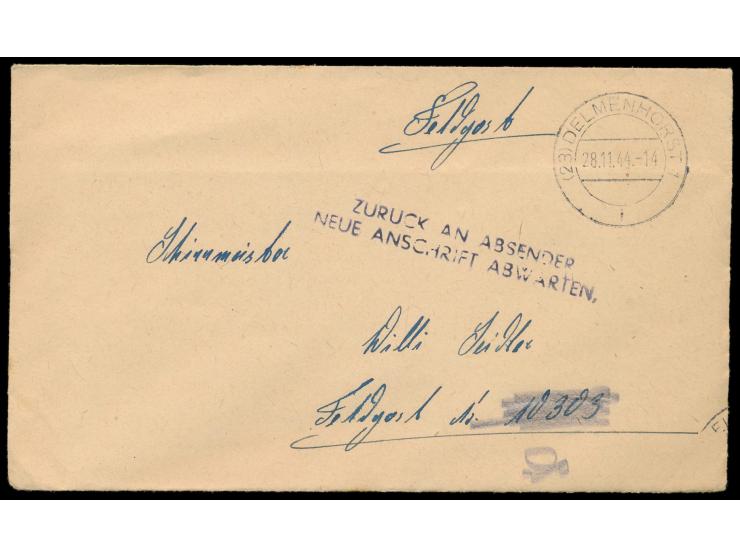 Brief mit Stempel  (23)   Delmenhorst 1  28.11.44 an FPNr. 10303 =  Stab Sturm-Brigade Rhodos,  vermutlich wegen Evakuierung 