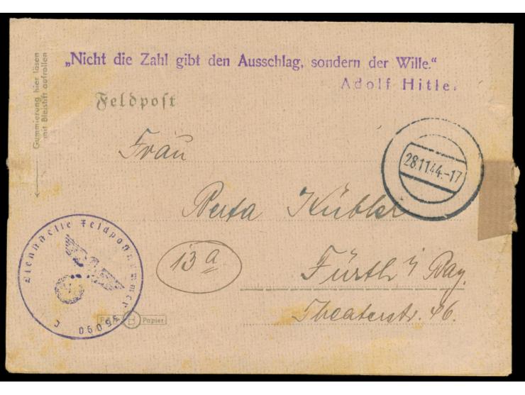 Feldpost-Faltbrief mit stummem Stempel 28.11.44 nach Fürth, handschriftlicher Absender und Briefstempel FPNr. 35090 C = 2. Ko