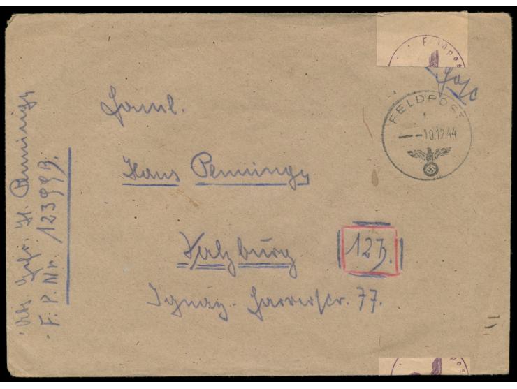 Brief mit FPSt 10.12.44 nach Salzburg, vorderseitig Absender ... FPNr. 12399 B = &nbsp;Stab m. Einheit Sturmgeschütz-Brigade 