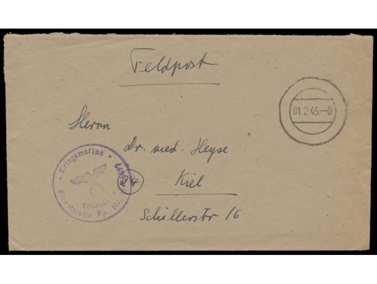 Feldpostbrief mit stummem Stempel 1.2.45 (von Triest) nach Kiel, Briefstempel und handschriftlicher Absender ... FPNr. M 5569