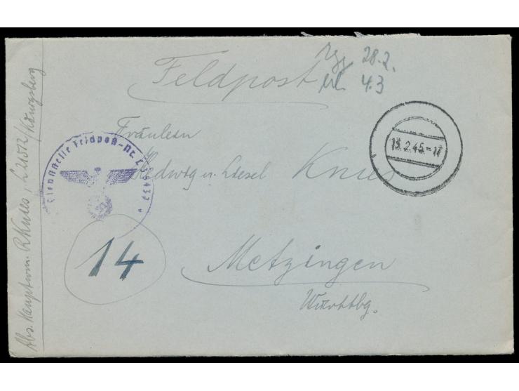 Kessel von Heiligenbeil, &nbsp;Brief mit Tarnstempel 13.2.45 nach Metzingen, vorderseitig handschriftlicher Absender ... FPNr