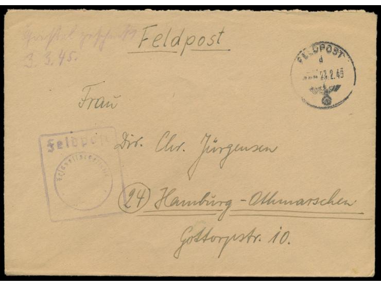 Ostpreußen-Kessel,  Brief mit FPSt 23.2.45 nach Hamburg, handschriftlicher Absender ... FPNr. M 63106 F = Kommandant d. Seeve