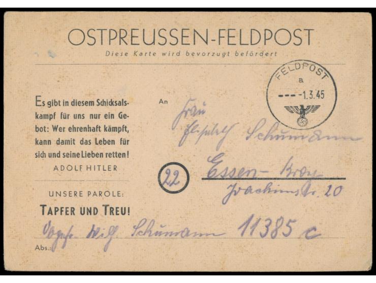 Ostpreußen-Feldpost, Vordruckkarte &nbsp;auf weißem Karton, FPSt a 1.3.45 nach Essen-Kray, Absender FPNr. 11385 C = 2. Kompan