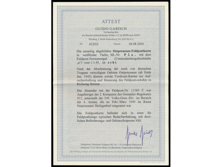Ostpreußen-Feldpost, Vordruckkarte &nbsp;auf weißem Karton, FPSt a 1.3.45 nach Essen-Kray, Absender FPNr. 11385 C = 2. Kompan