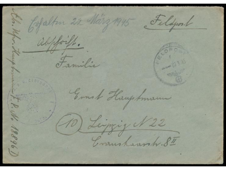 Westpreußen-Kessel: Brief mit FPSt 2.3.45 nach Leipzig, vorderseitig handschriftlicher Absender ... FPNr. 18896 D = Kommandan