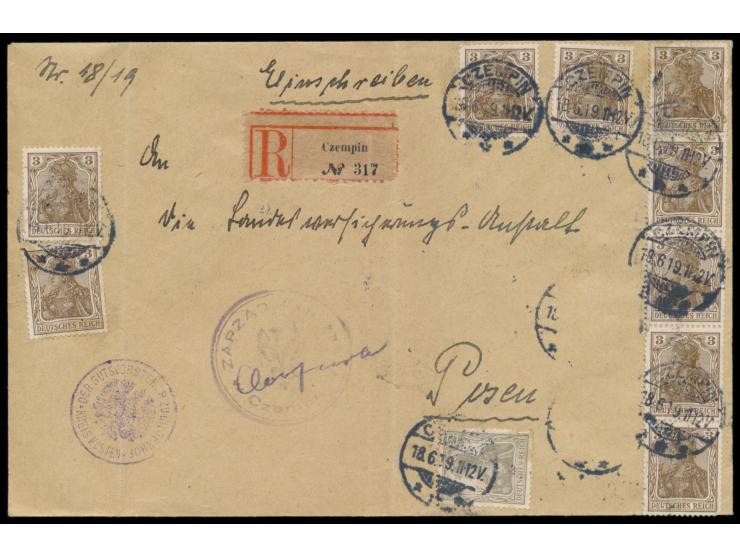 Ehemals Preussische Provinz Posen, &nbsp;Deutsches Reich 2 Pf. und 9 x 3 Pf. (zwei weitere Marken abgefallen) auf &nbsp;Einsc