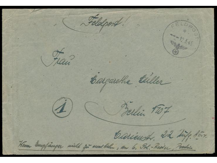 Ostpreußen-Kessel,  Brief mit FPSt UB e 12.3.45 nach Berlin, handschriftlicher Absender ... FPNr. 16435 A = Regimentsstab Gre