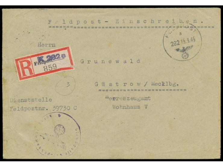 Einschreibbrief mit FPSt mit Kenn-Nr. 282 15.3.45 und entsprechendem R-Zettel, FPA1548,  im Ostpreußen-Kessel,  Absender Dien