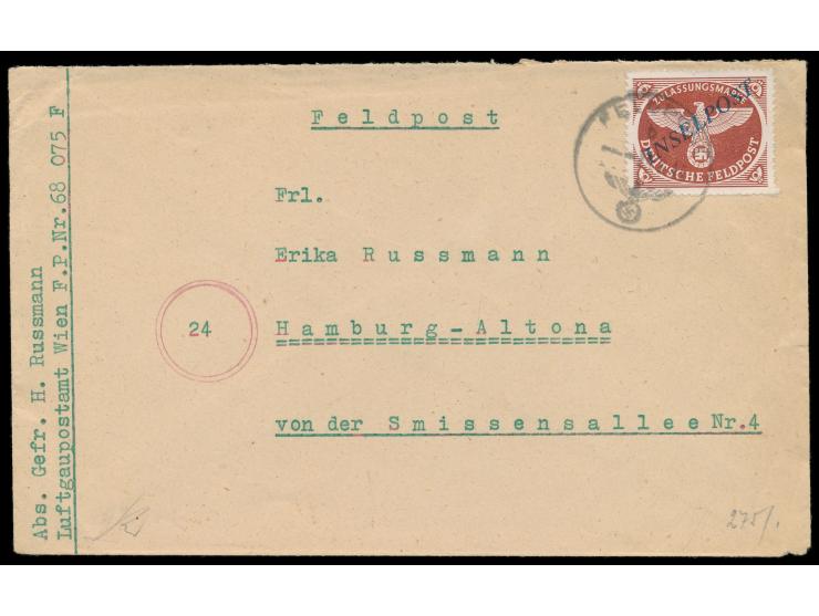 Rhodos,  Feldpostbrief mit  Inselpost-Zulassungsmarke  mit hellblauem Aufdruck, FPSt mit UB b 29.3.45, vorderseitig Absender 