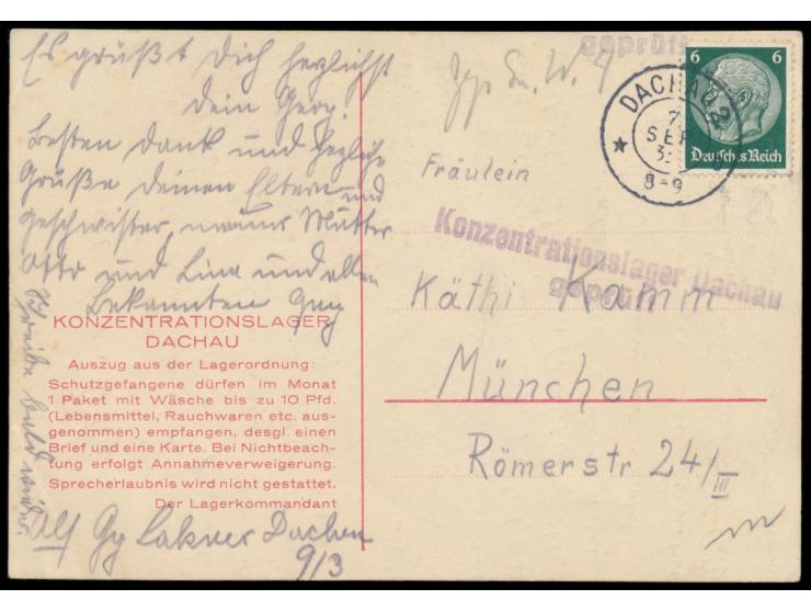 Vordruckkarte &nbsp;Konzentrationslager Dachau &nbsp;mit Auszug aus der 1. Lagerordnung (gültig bis Ende 1933), violetter L2 