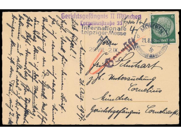 Ortskarte mit Maschinenstempel  München 2  21.8.37 an einen Untersuchungs-Häftling, violetter L2  "Gerichtsgefängnis II Münch