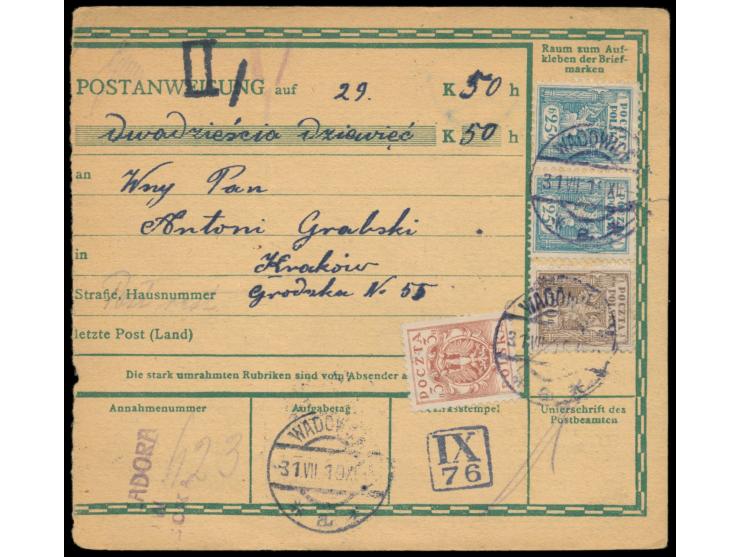 Postanweisung  auf 29 K. (österreichisches Formular), Frankatur 3 H., 20 h. und 2 x 25 H. (Stempelgebühr durch Briefmarke abg