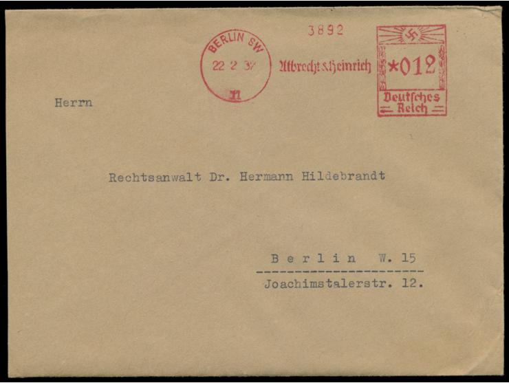 Ortsbrief mit Absenderfreistempel Albrecht &amp; Heinrich Berlin SW 11 22.2.37 mit Hakenkreuz-Wertrahmen 012 Pf., Tarnbezeich