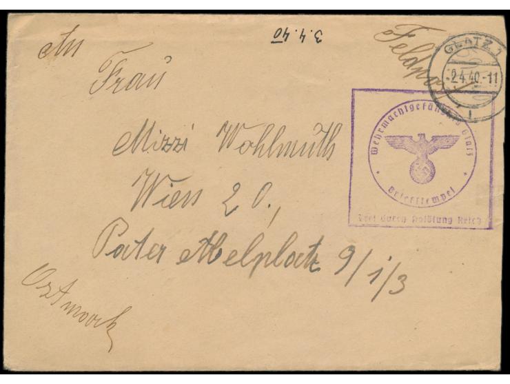 Feldpostbrief eines Gefangenen im Wehrmachtgefängnis Glatz (Donjon-Kaserne) mit Briefstempel und Stempel Glatz 1 2.4.40 nach 