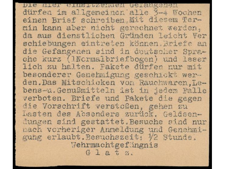 Feldpostbrief eines Gefangenen im Wehrmachtgefängnis Glatz (Donjon-Kaserne) mit Briefstempel und Stempel Glatz 1 2.4.40 nach 