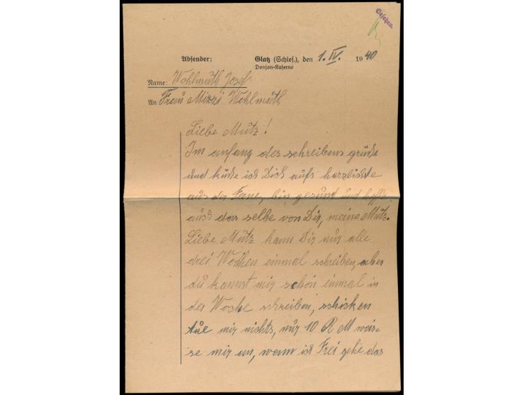 Feldpostbrief eines Gefangenen im Wehrmachtgefängnis Glatz (Donjon-Kaserne) mit Briefstempel und Stempel Glatz 1 2.4.40 nach 