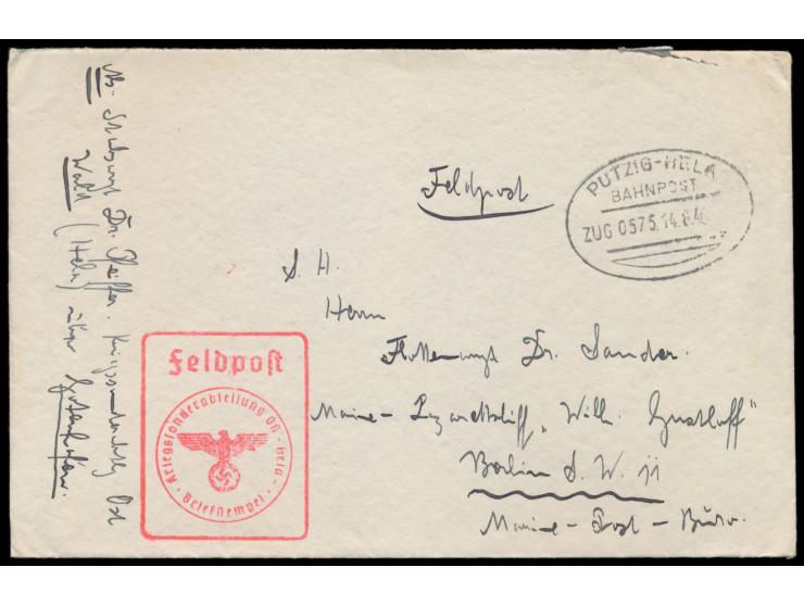 Bahnpoststempel &nbsp;Putzig - Hela &nbsp;Zug 575 14.8.40 auf Feldpostbrief nach Berlin, handschriftlicher Absender &quot;Sta