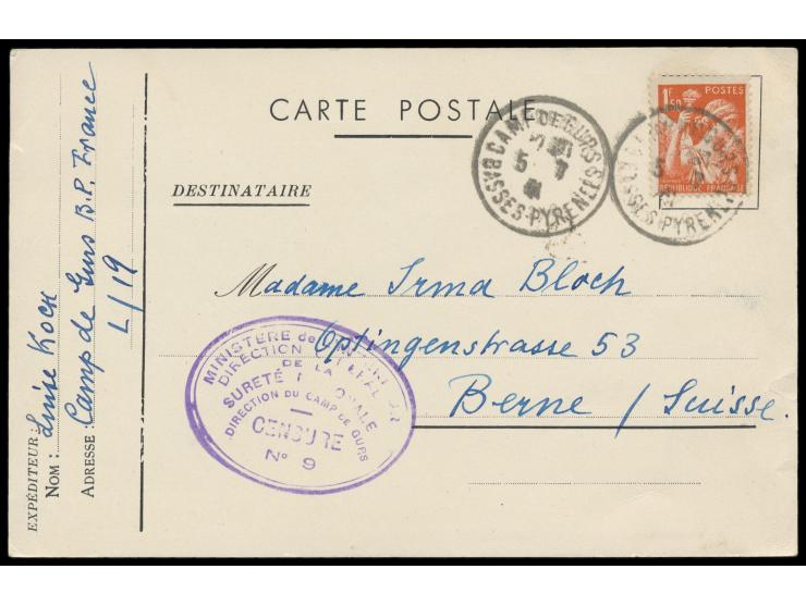 Frankreich 1F auf Karte aus &nbsp;Camp de Gurs, &nbsp;Stempel Camp de Gurs 5.7.41, Lager- Zensurstempel &nbsp;No. 9, &nbsp;&n