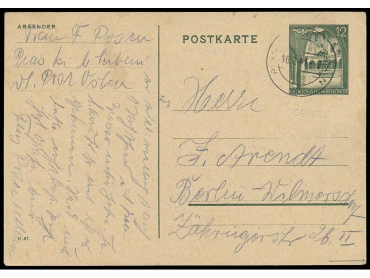 Generalgouvernement Ganzsache 12 Gr. aus den  Ghetto Piaski.  Stempel Piaski 16.7.41 nach Berlin. Schreiber ist  Fanny Rosen 