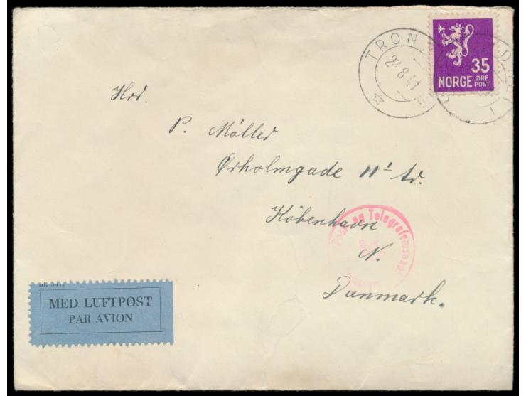 Norwegen  35 Öre auf   Luftpostbrief eines dänischen Zwangsarbeiters von Trondheim 28.8.41 nach Kopenhagen, Absenderangabe "K