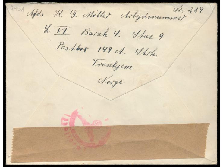 Norwegen  35 Öre auf   Luftpostbrief eines dänischen Zwangsarbeiters von Trondheim 28.8.41 nach Kopenhagen, Absenderangabe "K