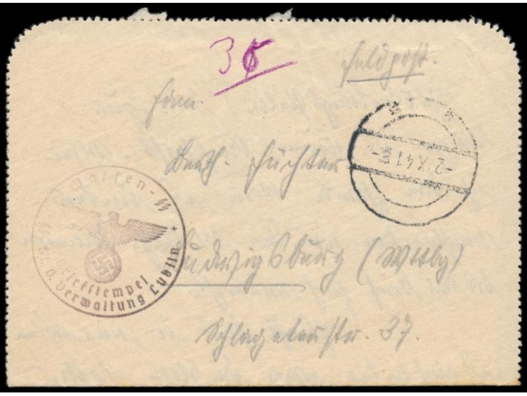 KZ Lublin-Majdanek, &nbsp;Feldpostkartenbrief mit stummem Stempel 2.9.41, Briefstempel &nbsp;Waffen-SS / SS-St. O. Verwaltung