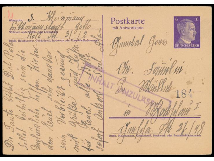 Ghetto Litzmannstadt; &nbsp;Hitler-Ganzsachen-Frageteil 6 Pf. mit Absenderangabe &quot;S. Kleinmann Litzmannstadt Getto Holzs