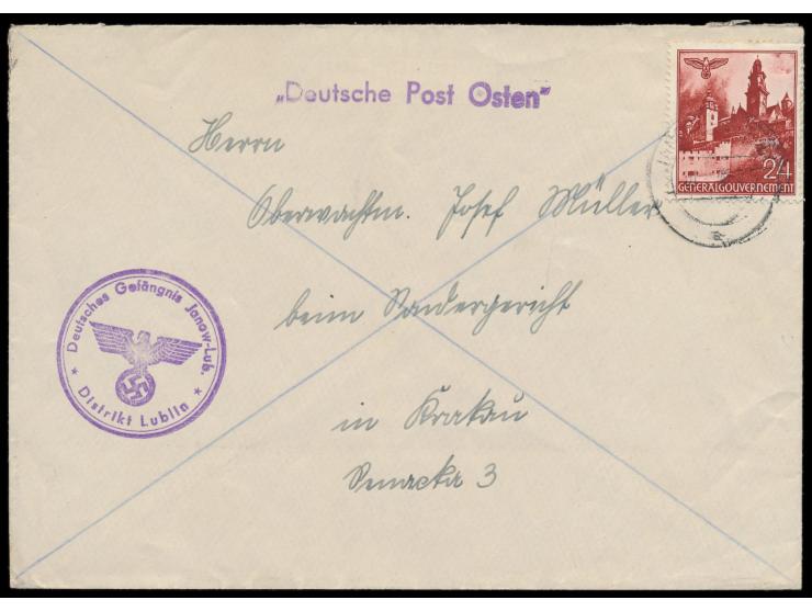 24 Gr. Generalgouvernement auf Brief mit Absenderstempel  Deutsches Gefängnis Janow-Lub.  (= Lubelski), Absender ist ein Ober