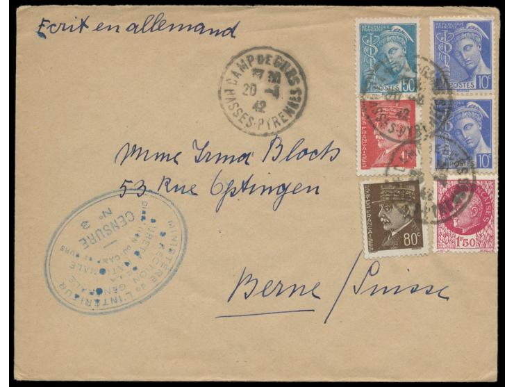 Frankreich- Frankatur 4 F auf Brief aus  Camp de Gurs,  Stempel Camp de Gurs 20.1.42, Lager- Zensurstempel  No.3 . Schreiberi