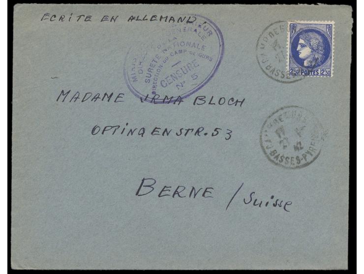 Frankreich- Frankatur 2,50 F auf Brief aus  Camp de Gurs  nach Bern, Stempel Camp de Gurs 27.1.42, Lager- Zensurstempel  No. 